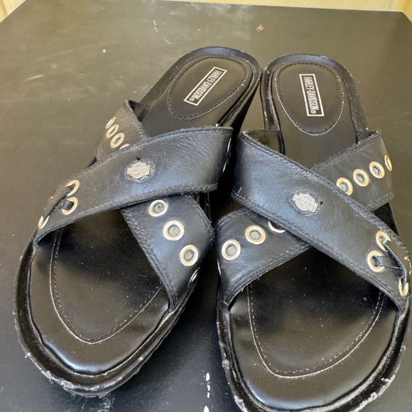Harley Davidson Sandals Size 7 Black Strappy Wedge Heels Biker Goth Leather - Picture 12 of 12